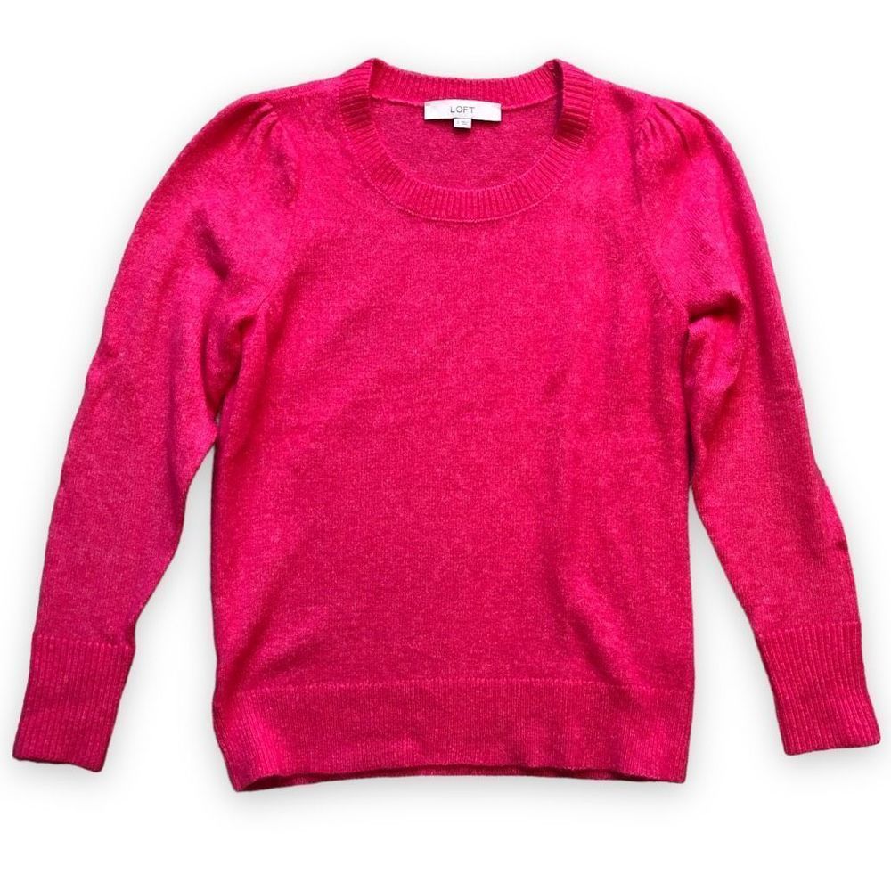 Loft Size Small S Hot Pink Bright Crewneck sweater puffed sleeves shoulders NR48